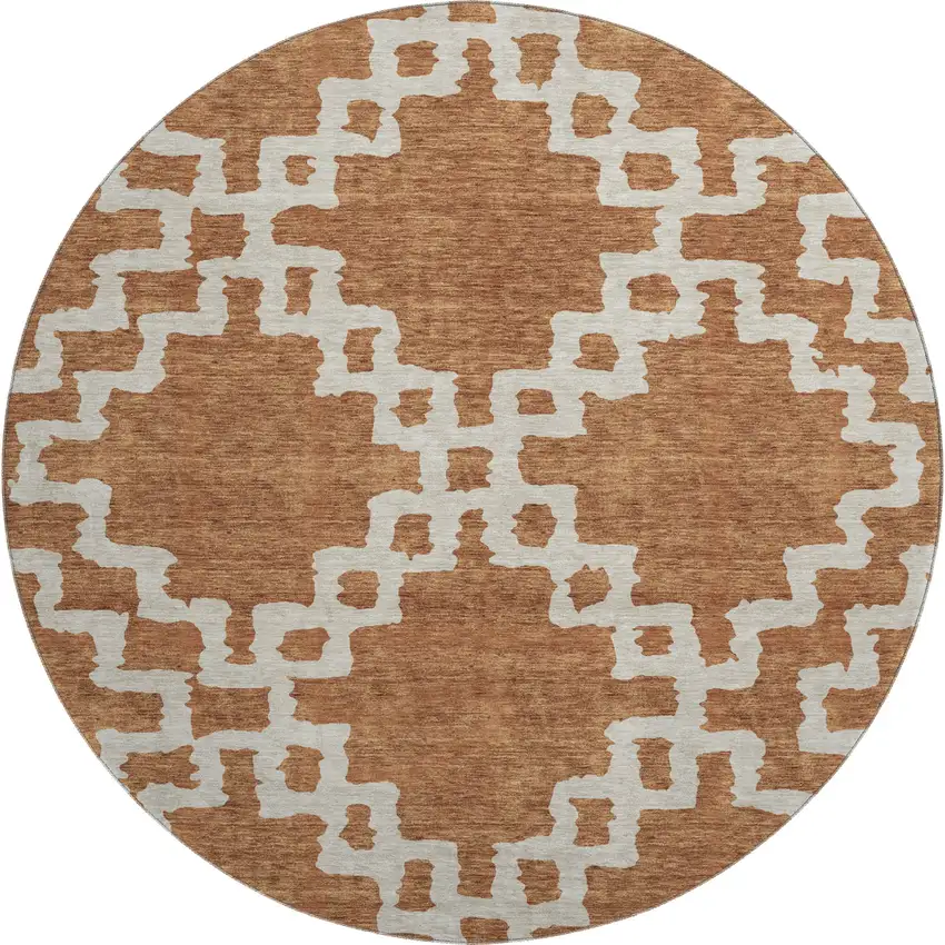 8' Rust And Beige Abstract Geometric Washable Round Rug With UV Protection Photo 1