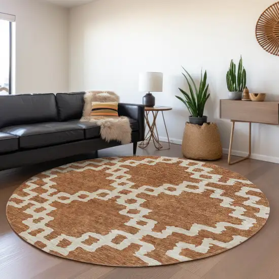 8' Rust And Beige Abstract Geometric Washable Round Rug With UV Protection Photo 5