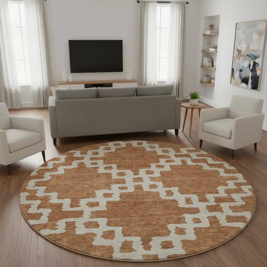 8' Rust And Beige Abstract Geometric Washable Round Rug With UV Protection Photo 2