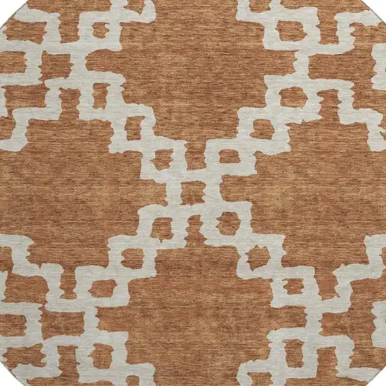 8' Rust And Beige Abstract Geometric Washable Round Rug With UV Protection Photo 3