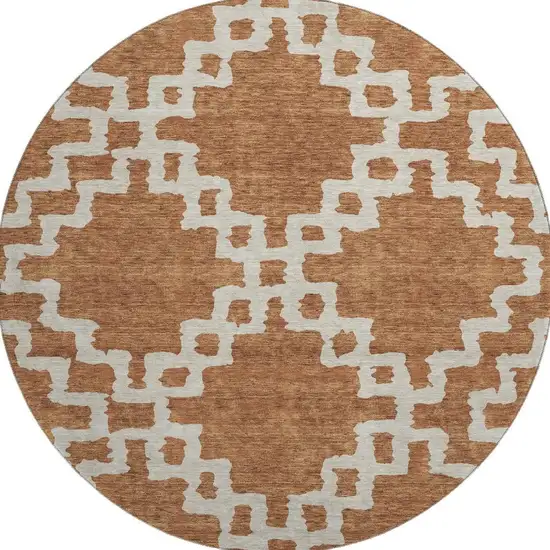 8' Rust And Beige Abstract Geometric Washable Round Rug With UV Protection Photo 4