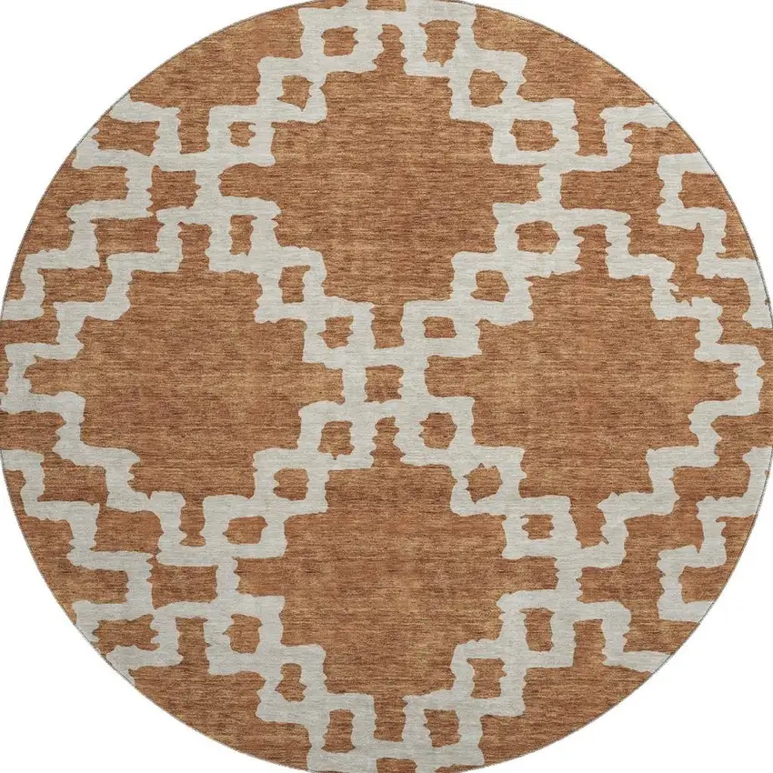 8' Rust And Beige Abstract Geometric Washable Round Rug With UV Protection Photo 4