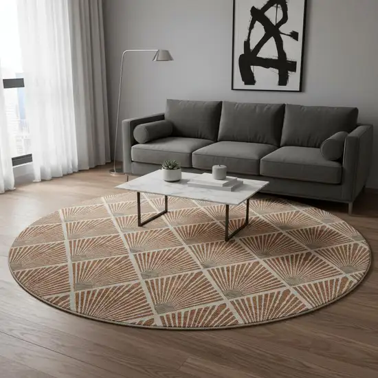 8' Rust And Beige Abstract Geometric Washable Round Rug With UV Protection Photo 2