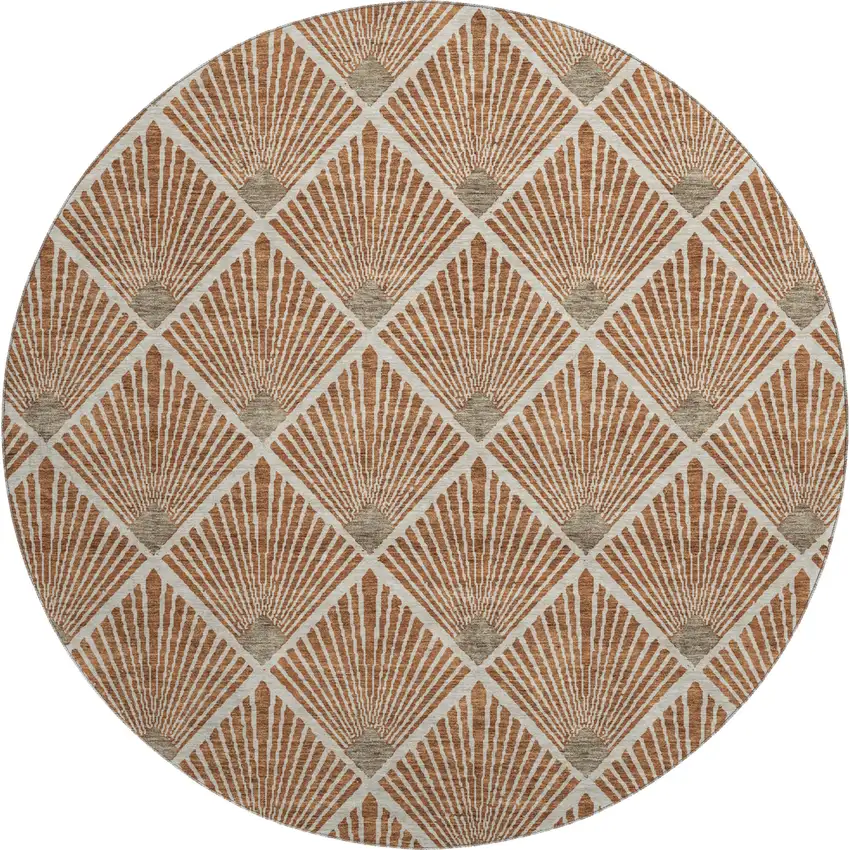 8' Rust And Beige Abstract Geometric Washable Round Rug With UV Protection Photo 1