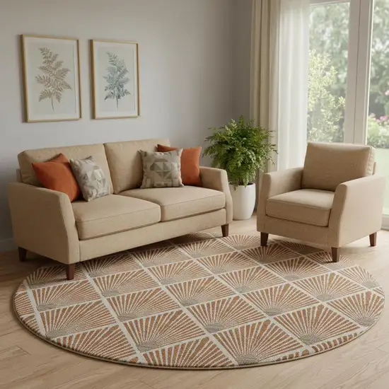 8' Rust And Beige Abstract Geometric Washable Round Rug With UV Protection Photo 1