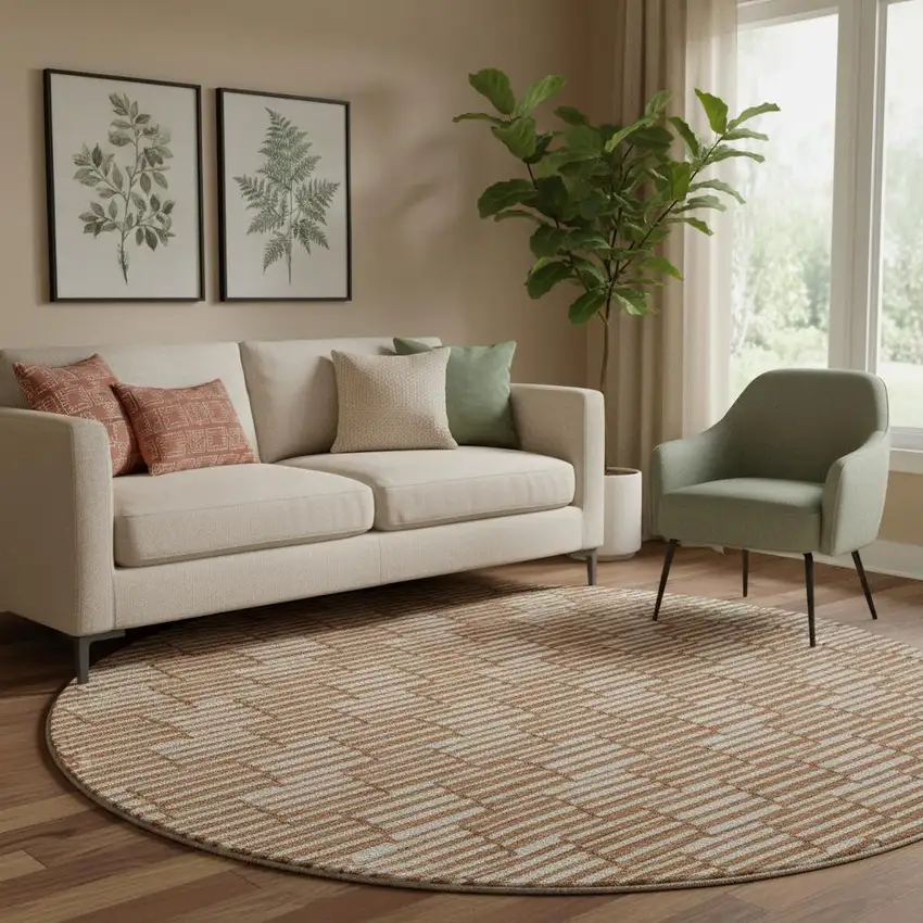 8' Rust And Beige Abstract Geometric Washable Round Rug With UV Protection Photo 1