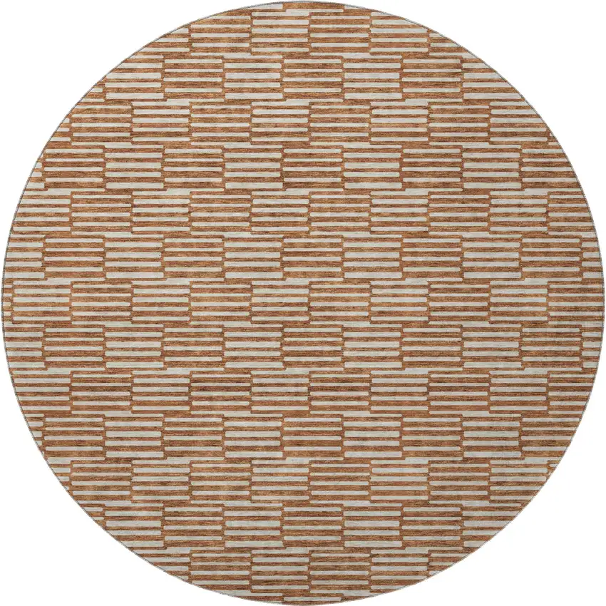 8' Rust And Beige Abstract Geometric Washable Round Rug With UV Protection Photo 4