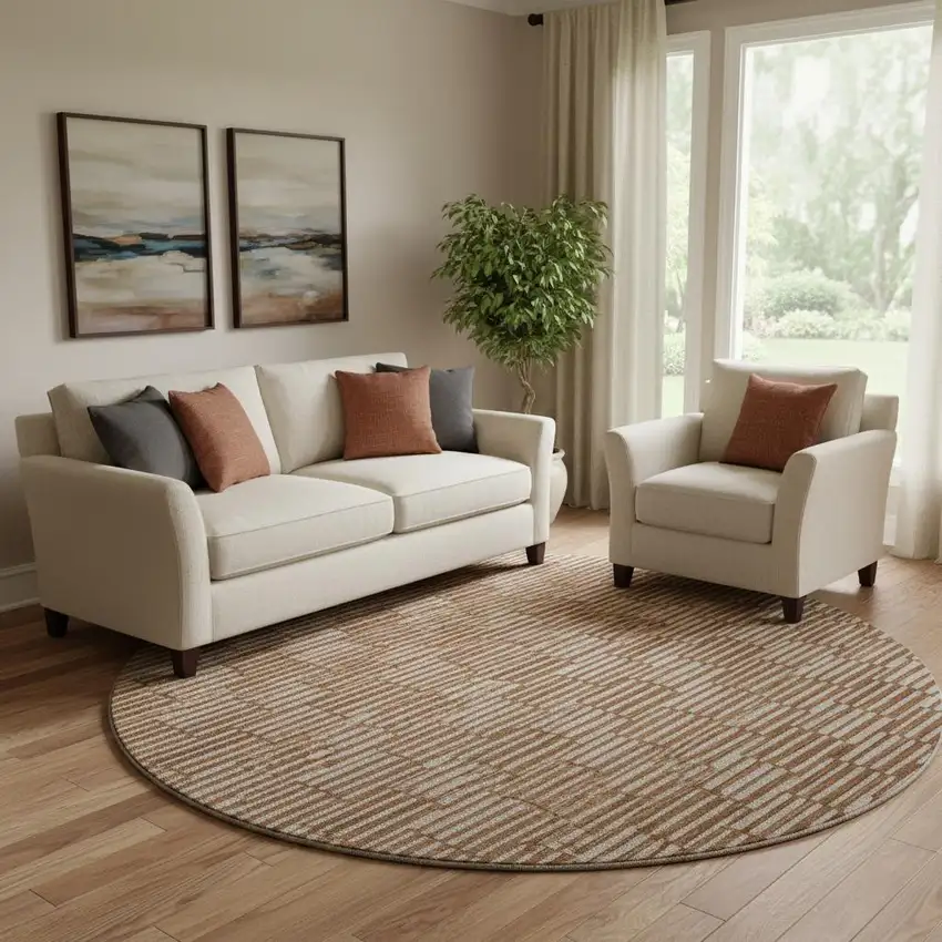 8' Rust And Beige Abstract Geometric Washable Round Rug With UV Protection Photo 1