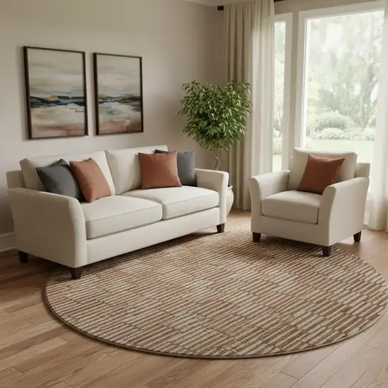 8' Rust And Beige Abstract Geometric Washable Round Rug With UV Protection Photo 1