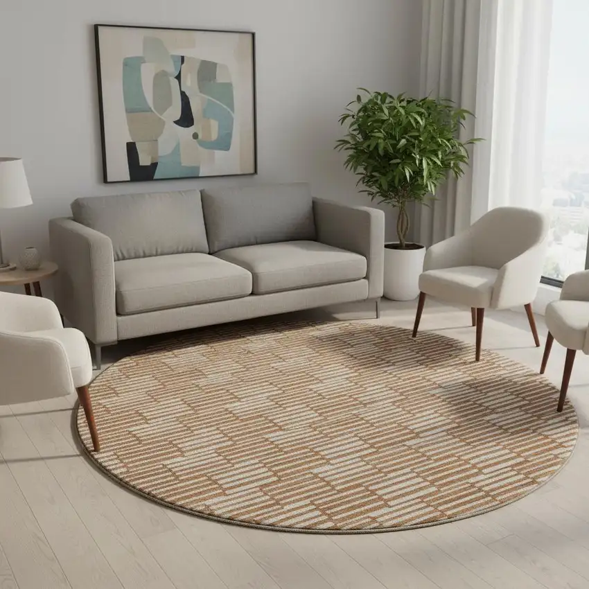 8' Rust And Beige Abstract Geometric Washable Round Rug With UV Protection Photo 2