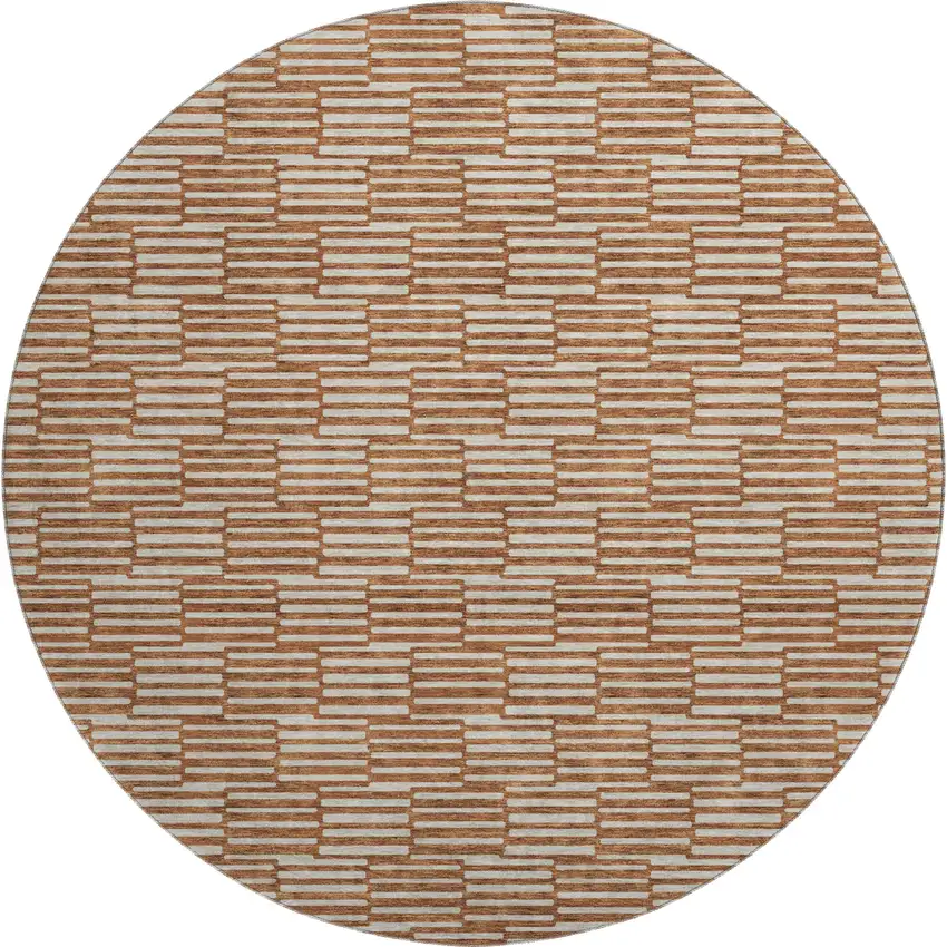 8' Rust And Beige Abstract Geometric Washable Round Rug With UV Protection Photo 1