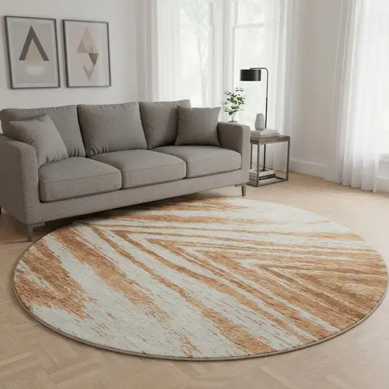 8' Rust And Beige Abstract Washable Round Rug With UV Protection Photo 2