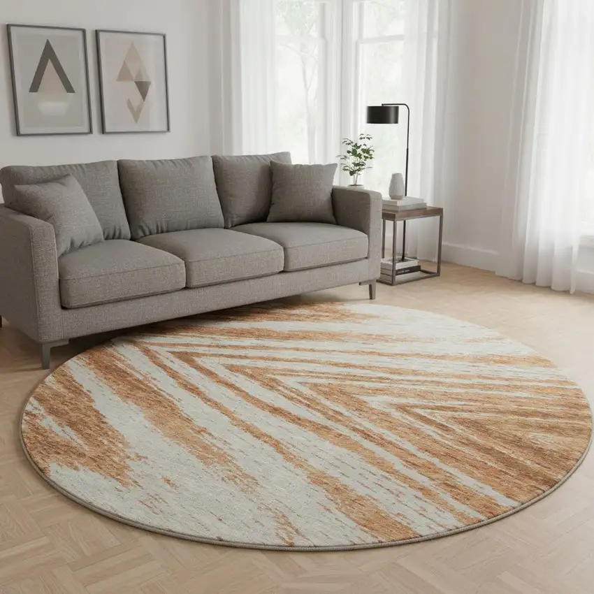 8' Rust And Beige Abstract Washable Round Rug With UV Protection Photo 2