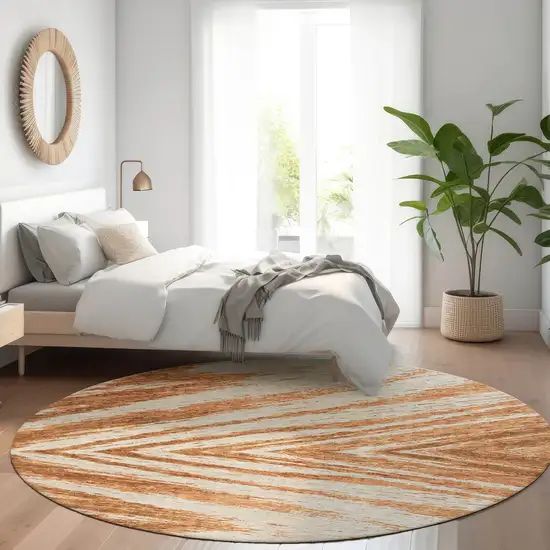 8' Rust And Beige Abstract Washable Round Rug With UV Protection Photo 5