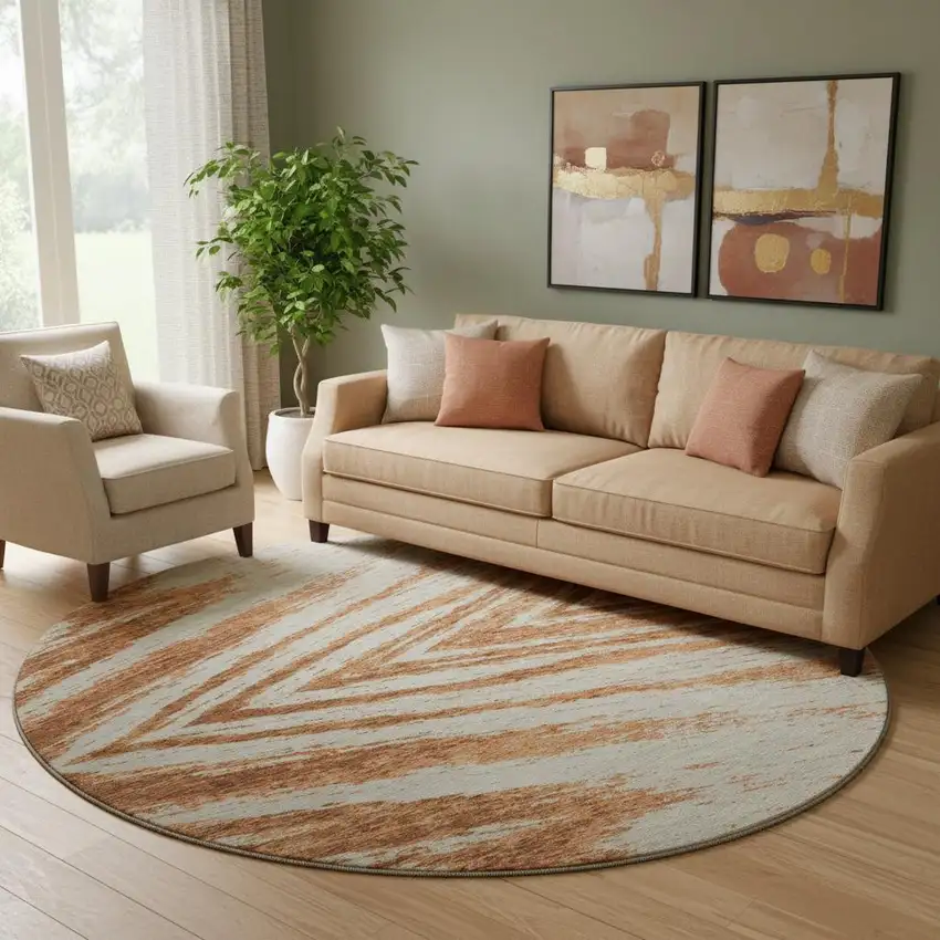 8' Rust And Beige Abstract Washable Round Rug With UV Protection Photo 1