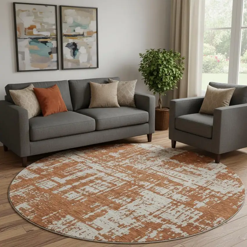 8' Rust And Beige Abstract Washable Round Rug With UV Protection Photo 1