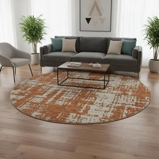 8' Rust And Beige Abstract Washable Round Rug With UV Protection Photo 2