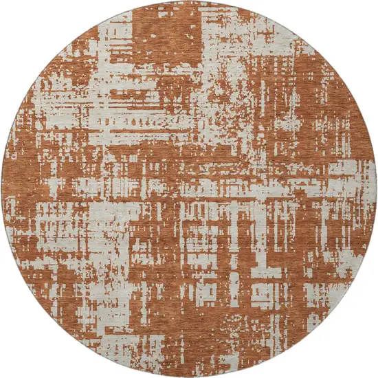 8' Rust And Beige Abstract Washable Round Rug With UV Protection Photo 4