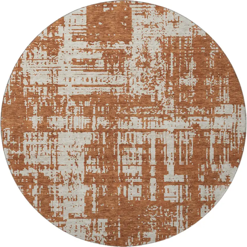8' Rust And Beige Abstract Washable Round Rug With UV Protection Photo 4