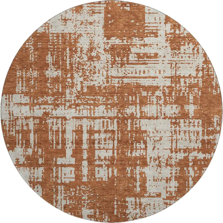 8' Rust And Beige Abstract Washable Round Rug With UV Protection Photo 1
