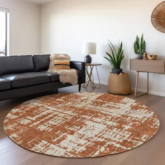 8' Rust And Beige Abstract Washable Round Rug With UV Protection Photo 5