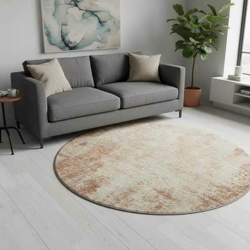 8' Rust And Beige Abstract Washable Round Rug With UV Protection Photo 2