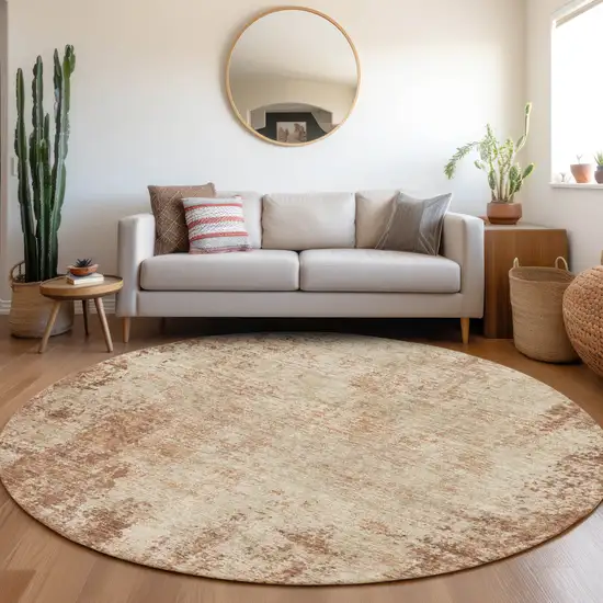 8' Rust And Beige Abstract Washable Round Rug With UV Protection Photo 4
