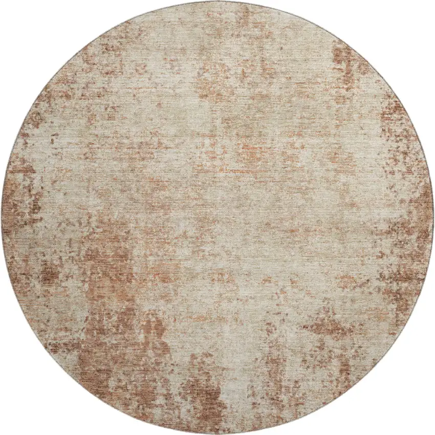 8' Rust And Beige Abstract Washable Round Rug With UV Protection Photo 1
