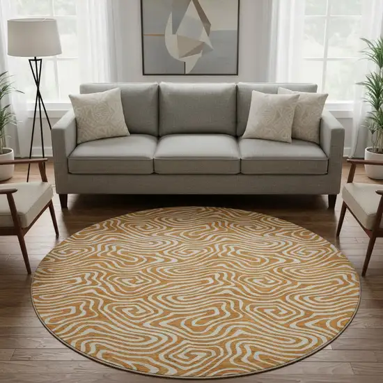 8' Rust And Beige Abstract Washable Round Rug With UV Protection Photo 2