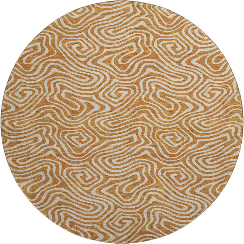 8' Rust And Beige Abstract Washable Round Rug With UV Protection Photo 1