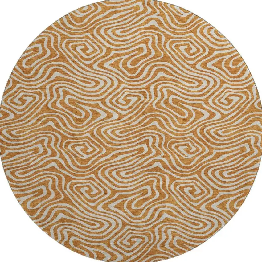 8' Rust And Beige Abstract Washable Round Rug With UV Protection Photo 3