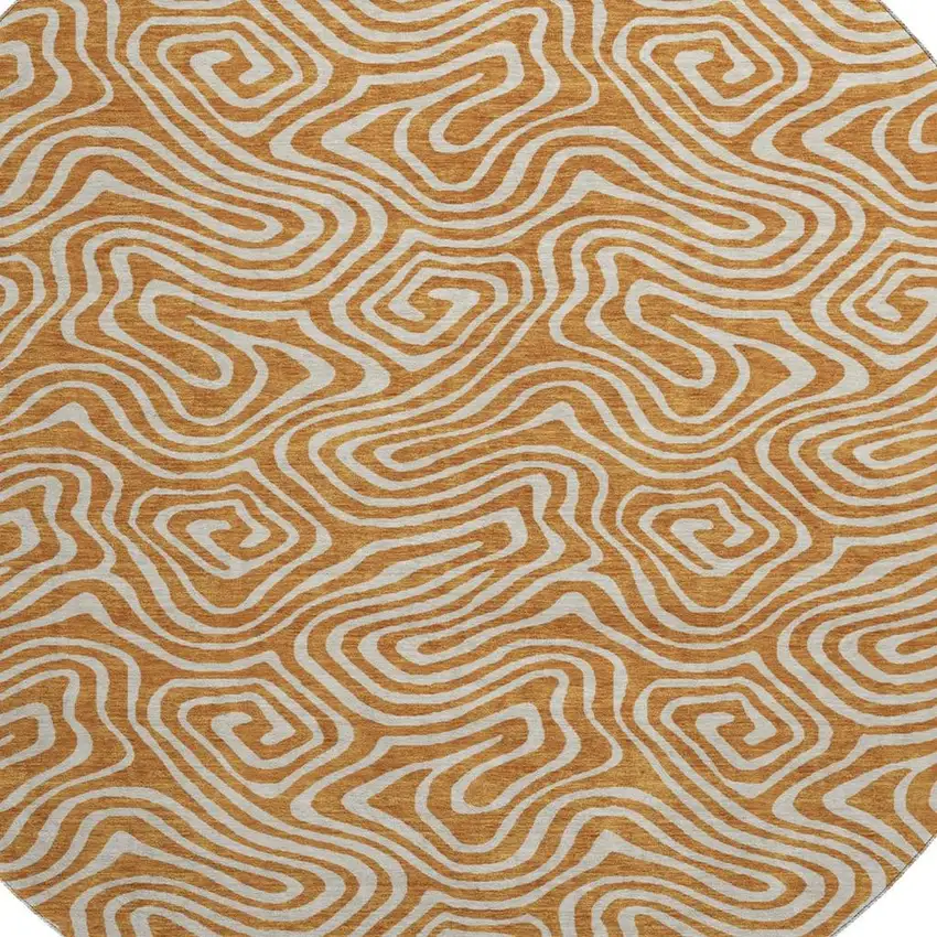 8' Rust And Beige Abstract Washable Round Rug With UV Protection Photo 2