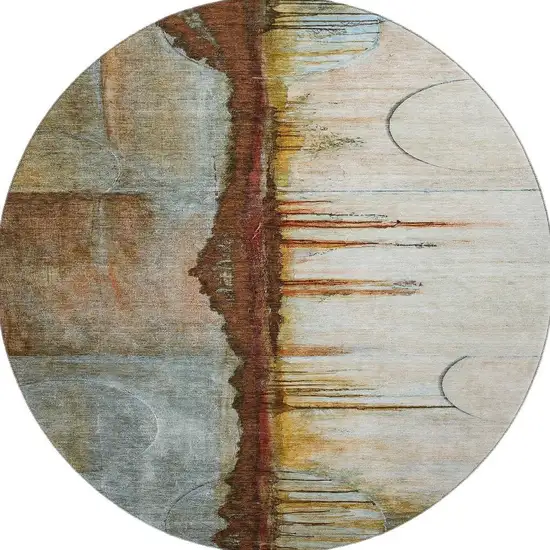 8' Rust And Beige Abstract Washable Round Rug With UV Protection Photo 3