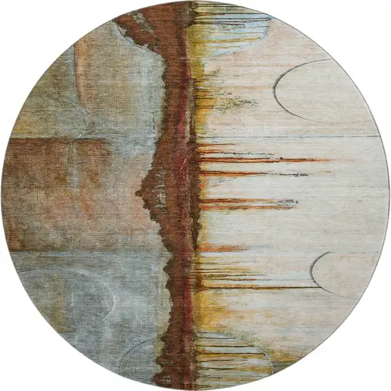 8' Rust And Beige Abstract Washable Round Rug With UV Protection Photo 1