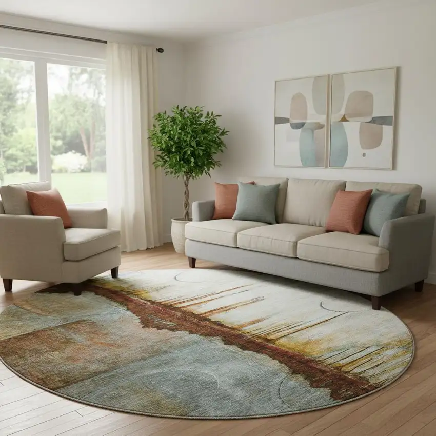 8' Rust And Beige Abstract Washable Round Rug With UV Protection Photo 2