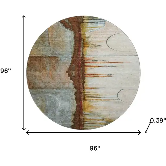 8' Rust And Beige Abstract Washable Round Rug With UV Protection Photo 7