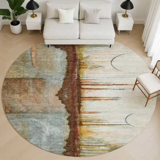 8' Rust And Beige Abstract Washable Round Rug With UV Protection Photo 4