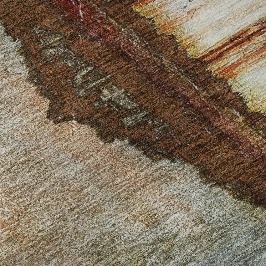 8' Rust And Beige Abstract Washable Round Rug With UV Protection Photo 6