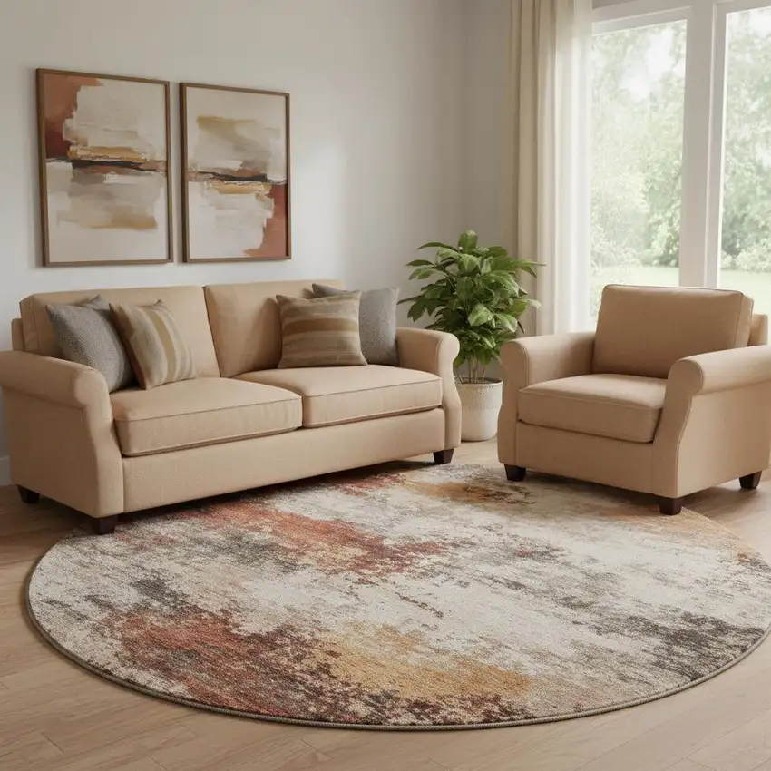 8' Rust And Beige Abstract Washable Round Rug With UV Protection Photo 2