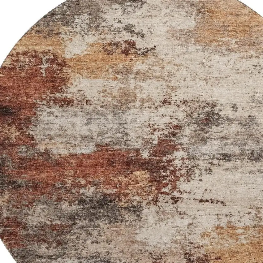 8' Rust And Beige Abstract Washable Round Rug With UV Protection Photo 3