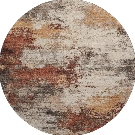 8' Rust And Beige Abstract Washable Round Rug With UV Protection Photo 4