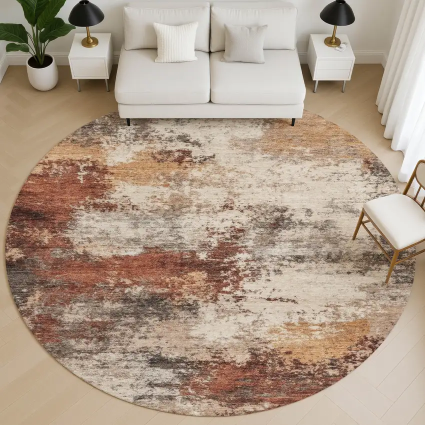 8' Rust And Beige Abstract Washable Round Rug With UV Protection Photo 5