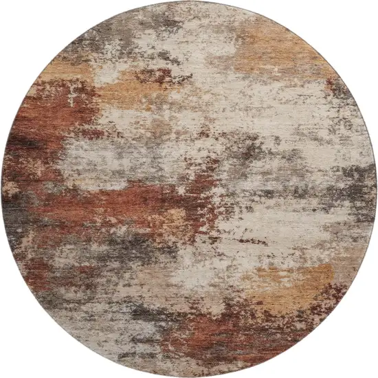 8' Rust And Beige Abstract Washable Round Rug With UV Protection Photo 2