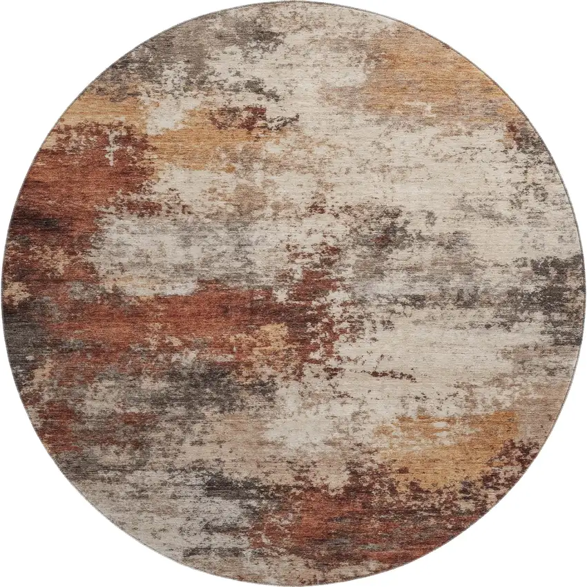 8' Rust And Beige Abstract Washable Round Rug With UV Protection Photo 2