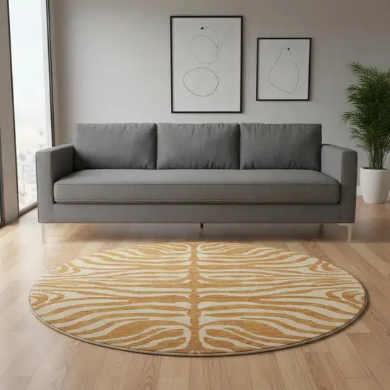 8' Rust And Beige Animal Print Washable Round Rug With UV Protection Photo 2