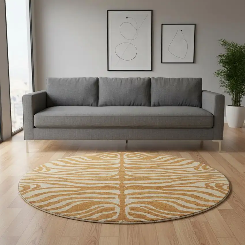 8' Rust And Beige Animal Print Washable Round Rug With UV Protection Photo 2