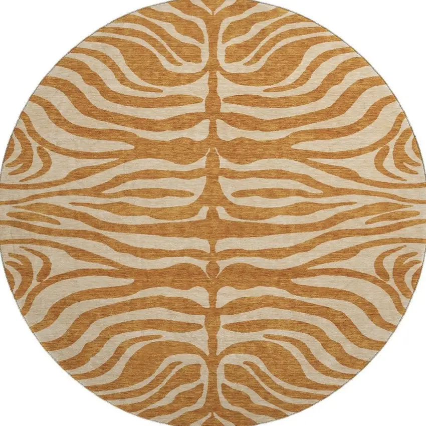8' Rust And Beige Animal Print Washable Round Rug With UV Protection Photo 3