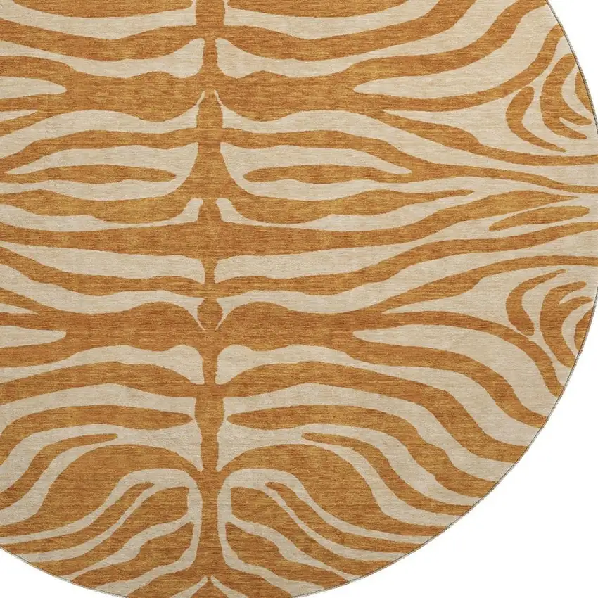 8' Rust And Beige Animal Print Washable Round Rug With UV Protection Photo 2