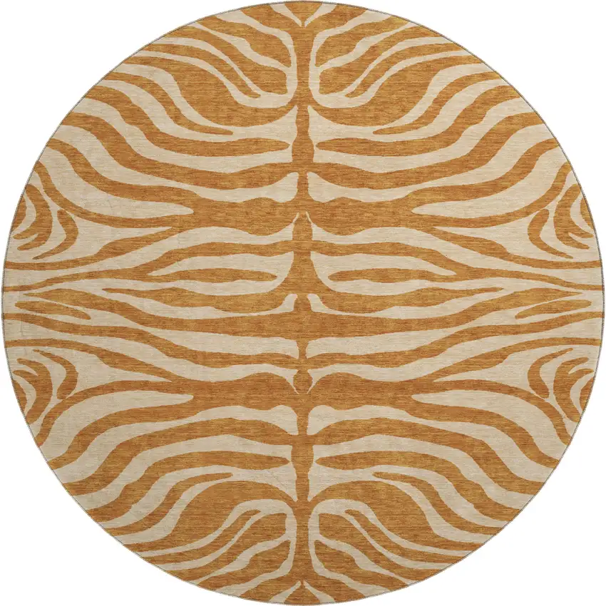 8' Rust And Beige Animal Print Washable Round Rug With UV Protection Photo 1