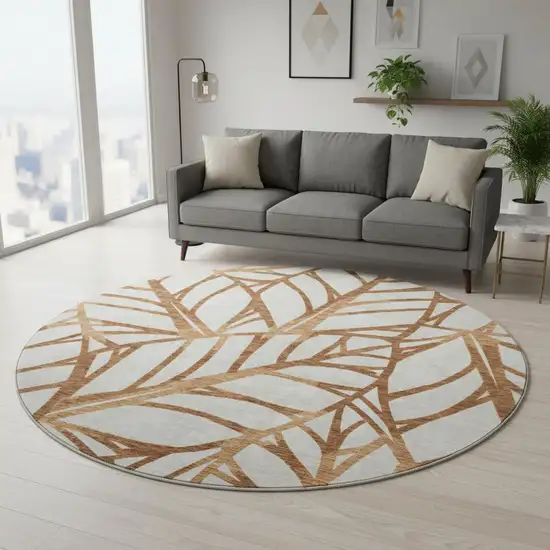 8' Rust And Beige Floral Washable Round Rug With UV Protection Photo 2